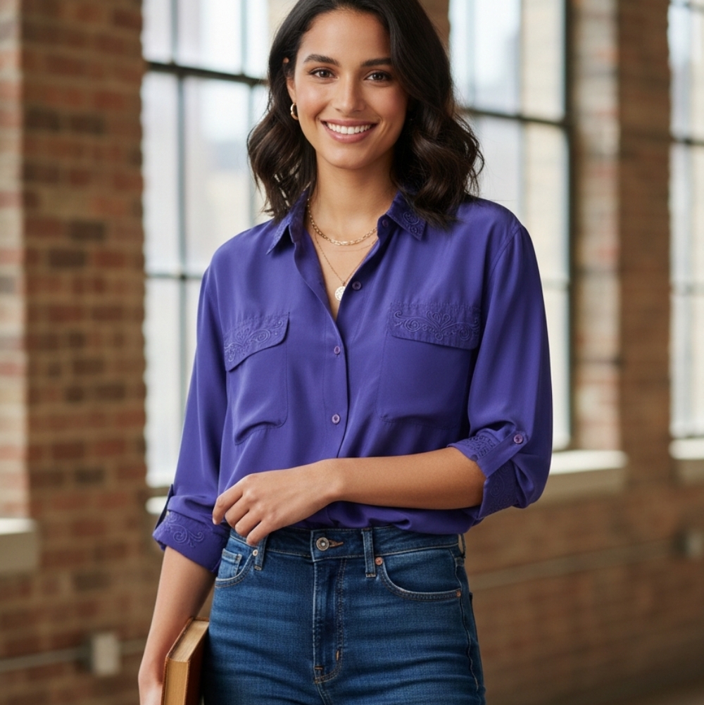 EUC Vintage Clifford Willis L Silk Blouse | Bluish Purple Embroidered Top!